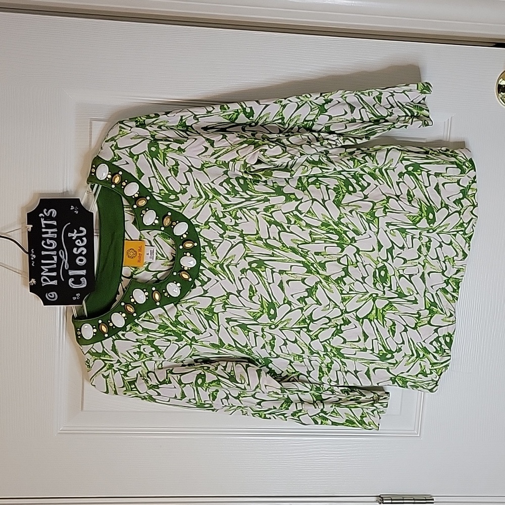 Ruby Rd. Blouse Small Green White Gold Beaded